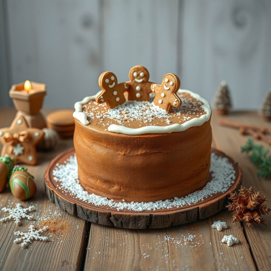 A beautifully decorated spiced gingerbread cake topped with gingerbread men and festive decorations.
