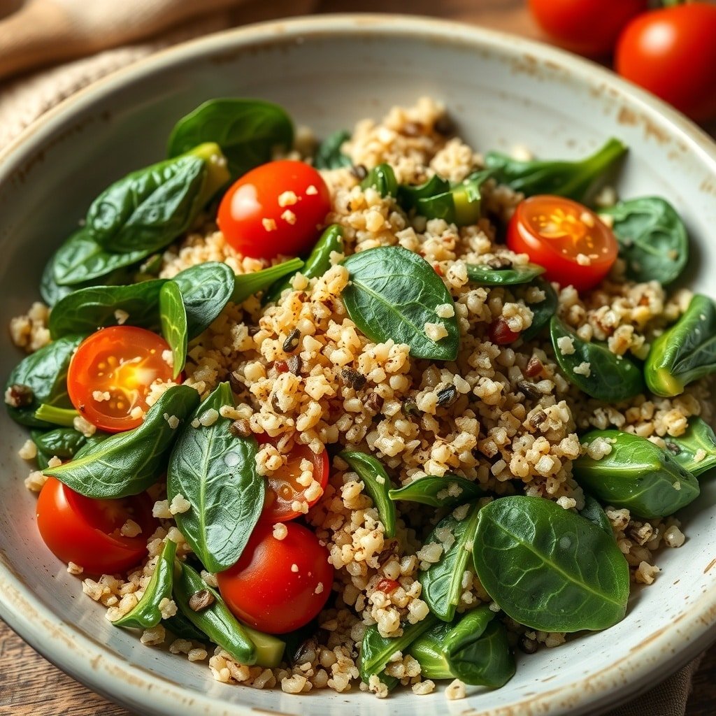 A warm quinoa and spinach salad with cherry tomatoes in a bowl