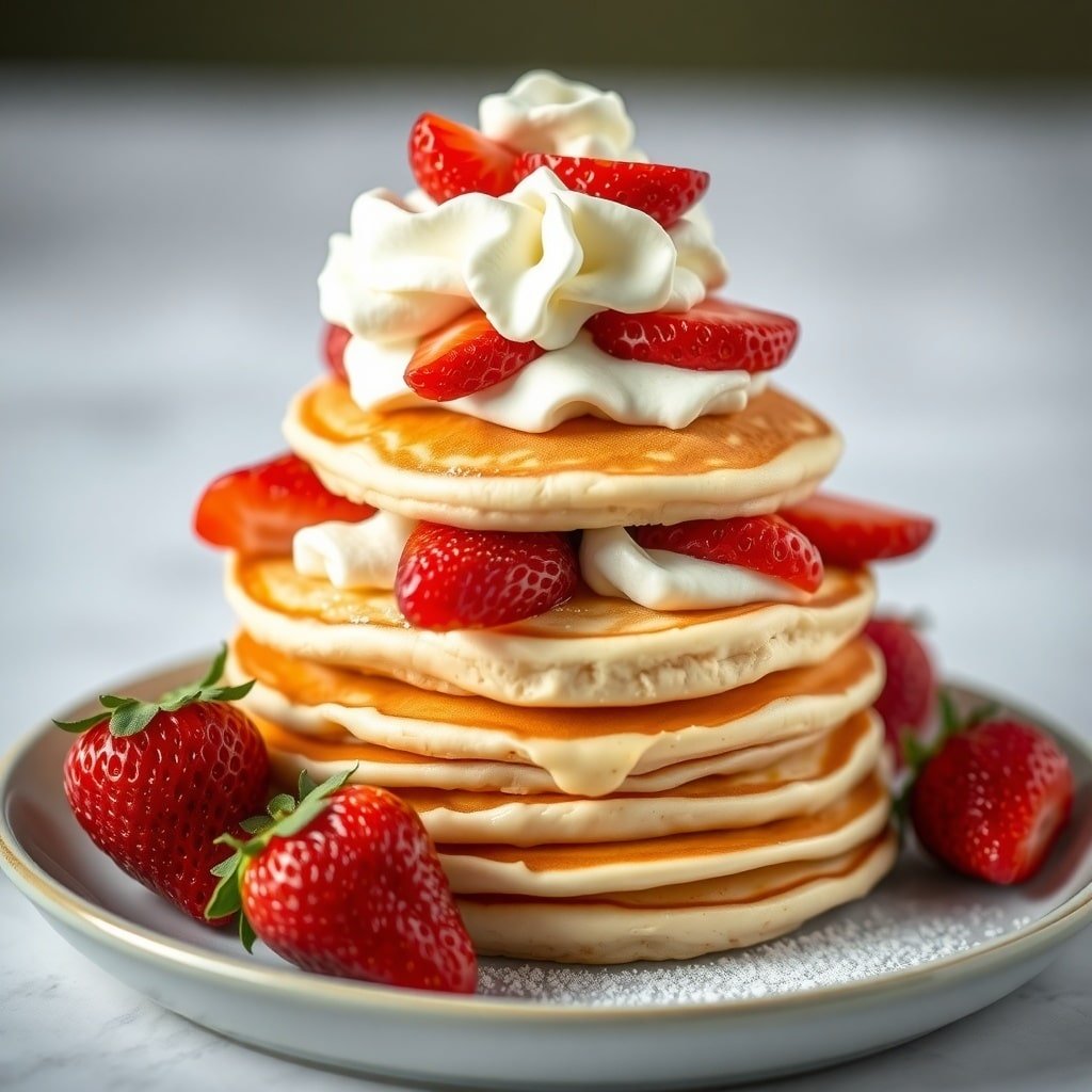 A stack of strawberry shortcake pancakes topped with whipped cream and fresh strawberries.
