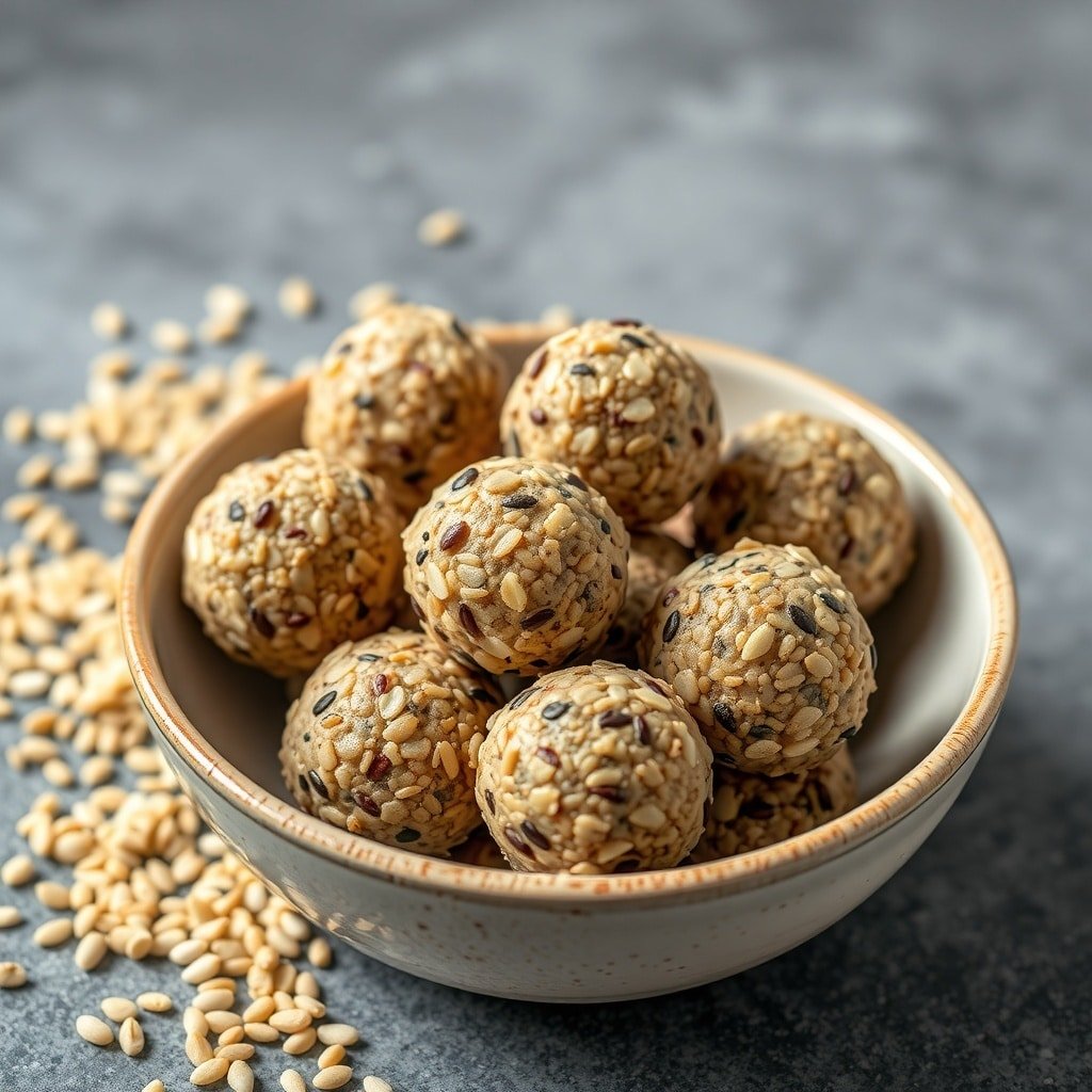 A bowl of protein balls made with quinoa, oats, and seeds.
