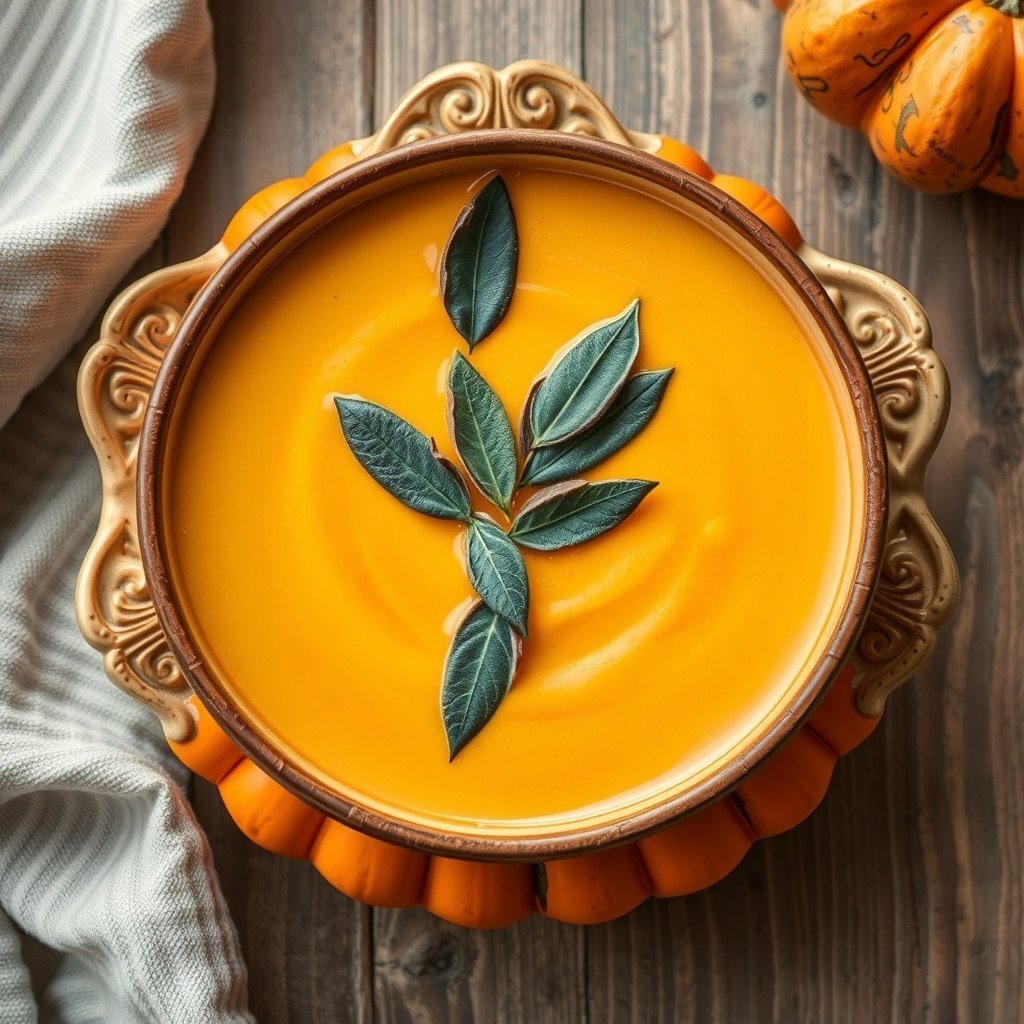 A bowl of creamy pumpkin soup garnished with sage leaves, surrounded by small pumpkins and a cozy cloth.