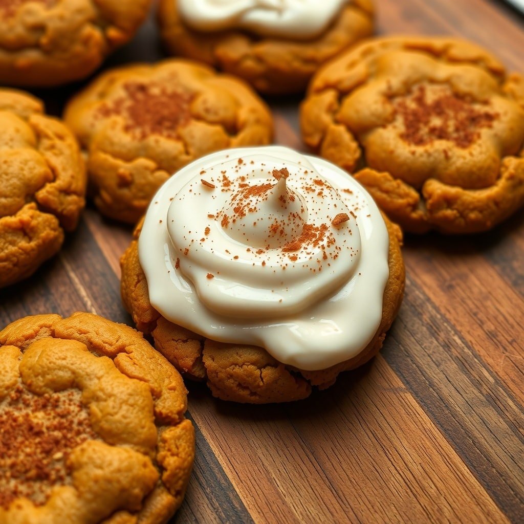 Delicious pumpkin spice cookies topped with cream cheese frosting and sprinkled with cinnamon.