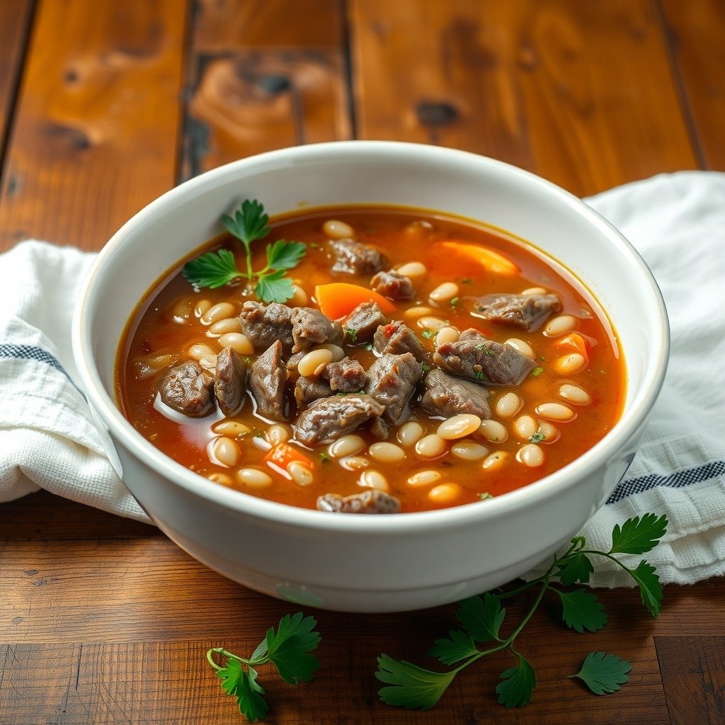 A bowl of hearty beef and barley soup with vegetables and herbs