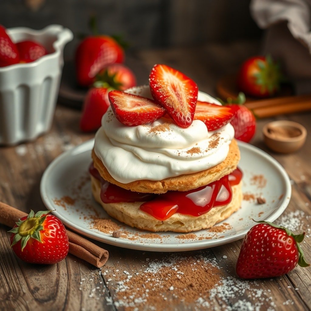 A delicious spiced strawberry shortcake with layers of cream and fresh strawberries on a wooden table.