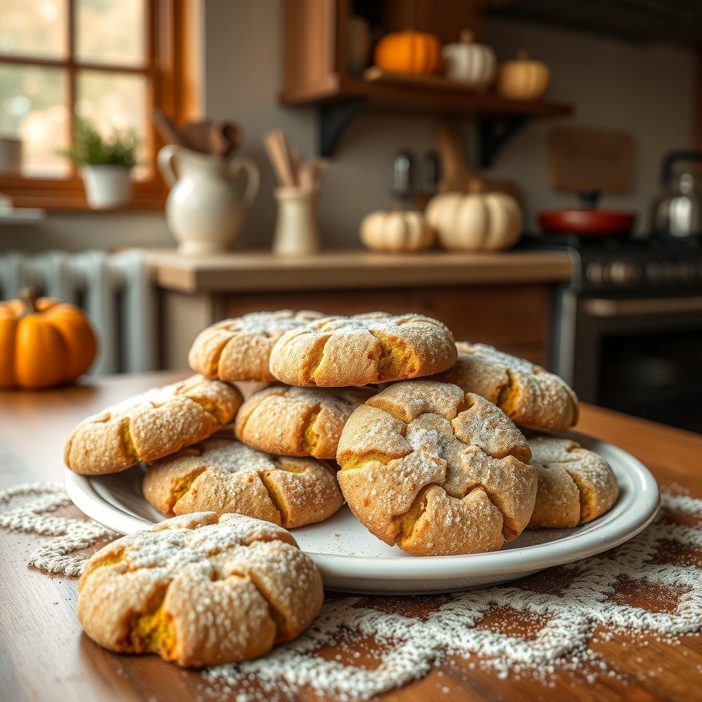 A plate of pumpkin snickerdoodle cookies dusted with powdered sugar, set in a cozy kitchen with fall decorations.