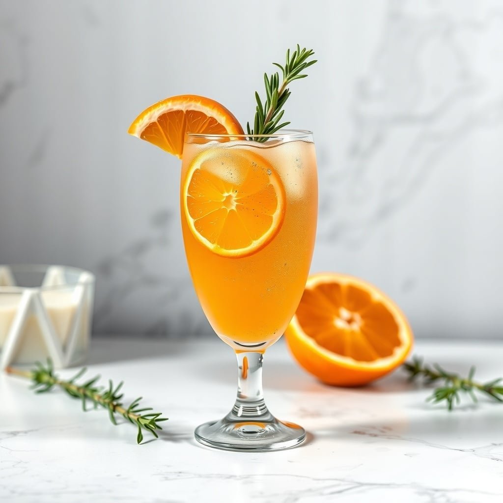 A refreshing Tangerine and Rosemary Fizz cocktail garnished with orange slices and rosemary sprigs.