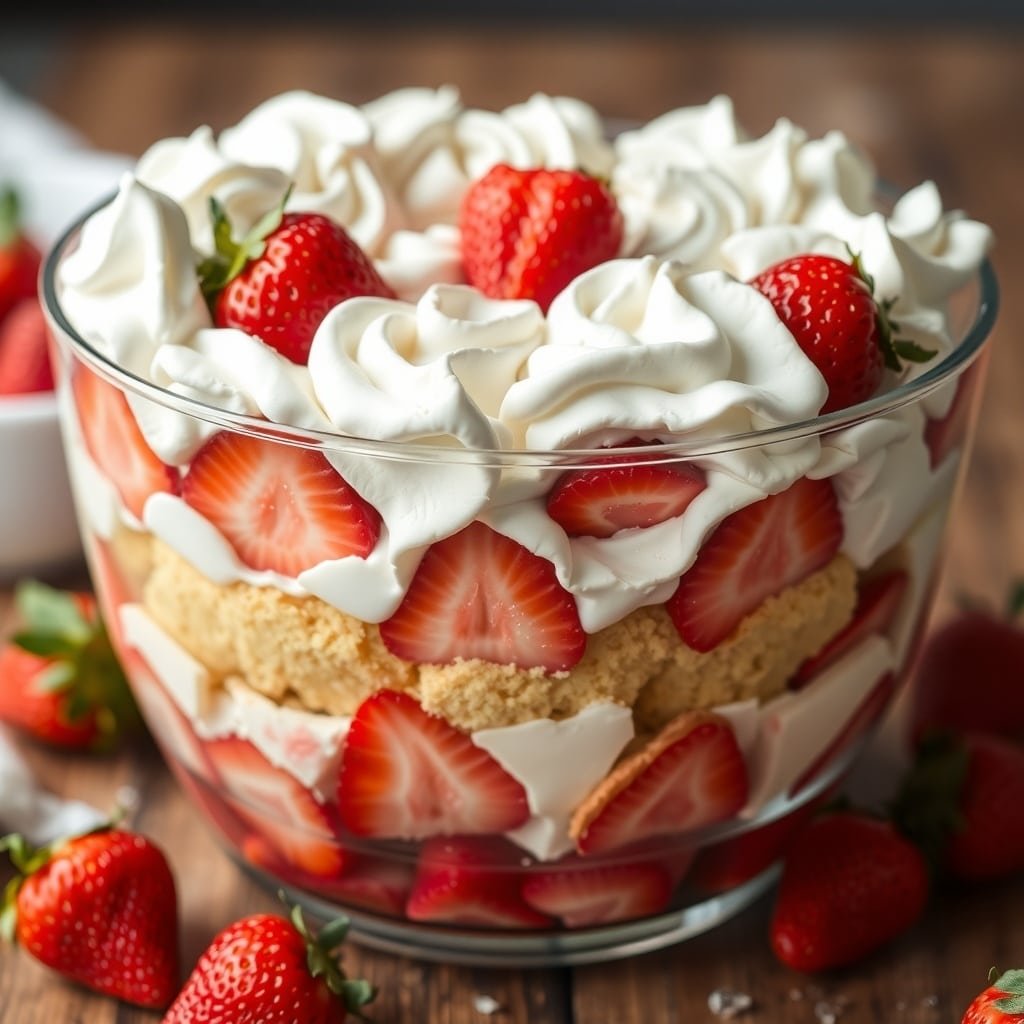 A delicious layered strawberry shortcake trifle with fresh strawberries and whipped cream.