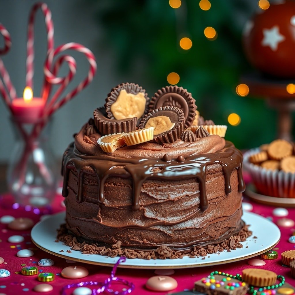 A festive peanut butter cup cake topped with chocolate frosting and mini peanut butter cups, surrounded by holiday decorations.