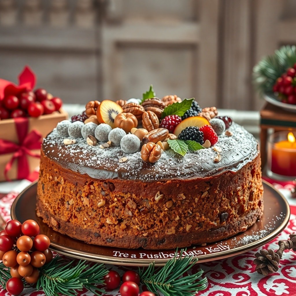 A classic fruitcake decorated with nuts and dried fruits, set on a festive table.