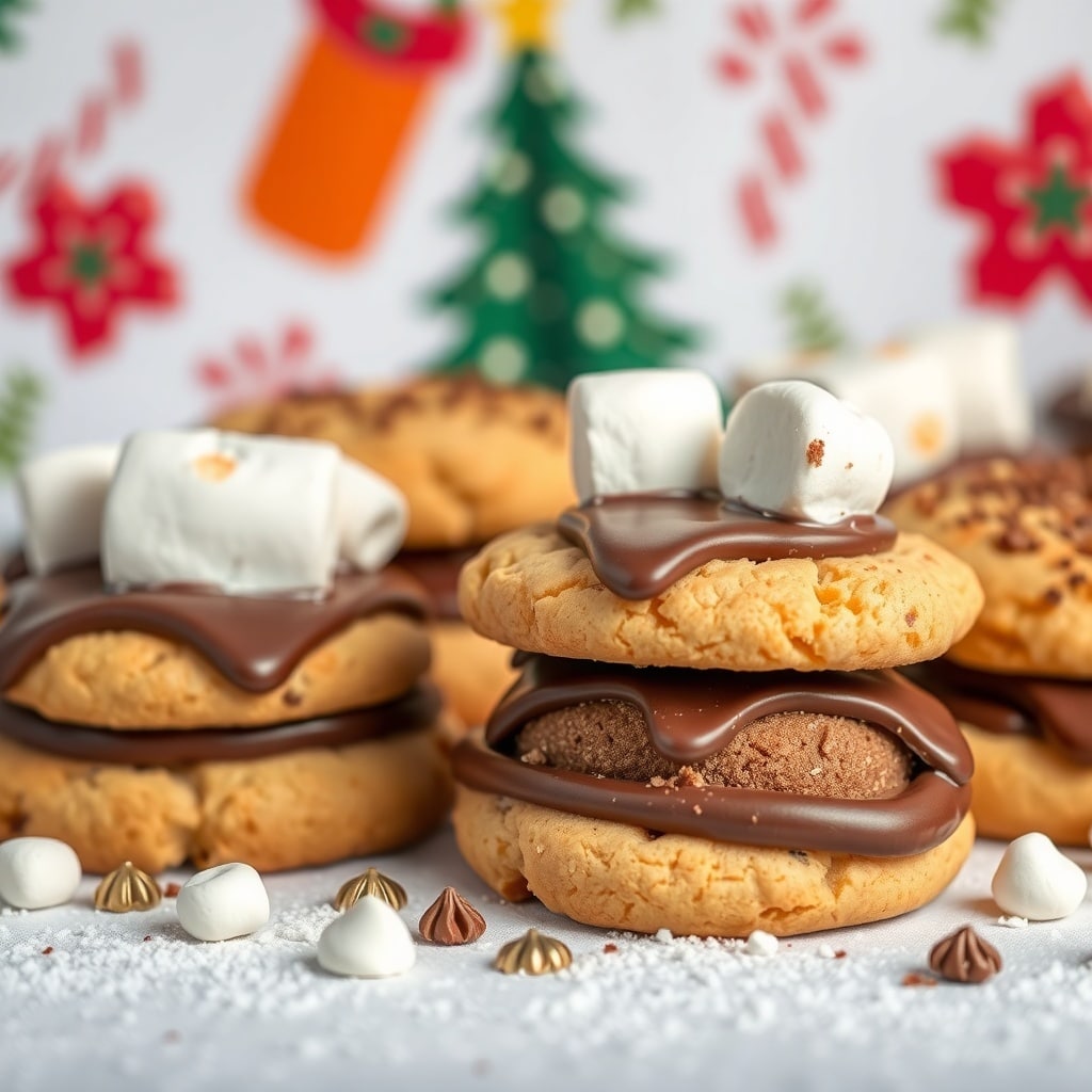 30 Delectable Christmas Cookie Recipes to Try This Holiday Season Delicious s'mores cookies with graham cracker crust, chocolate, and marshmallows, set against a festive holiday backdrop.