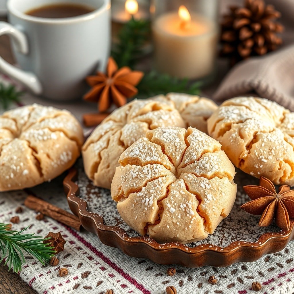 A plate of chai spice cookies dusted with powdered sugar, surrounded by candles and pinecones.