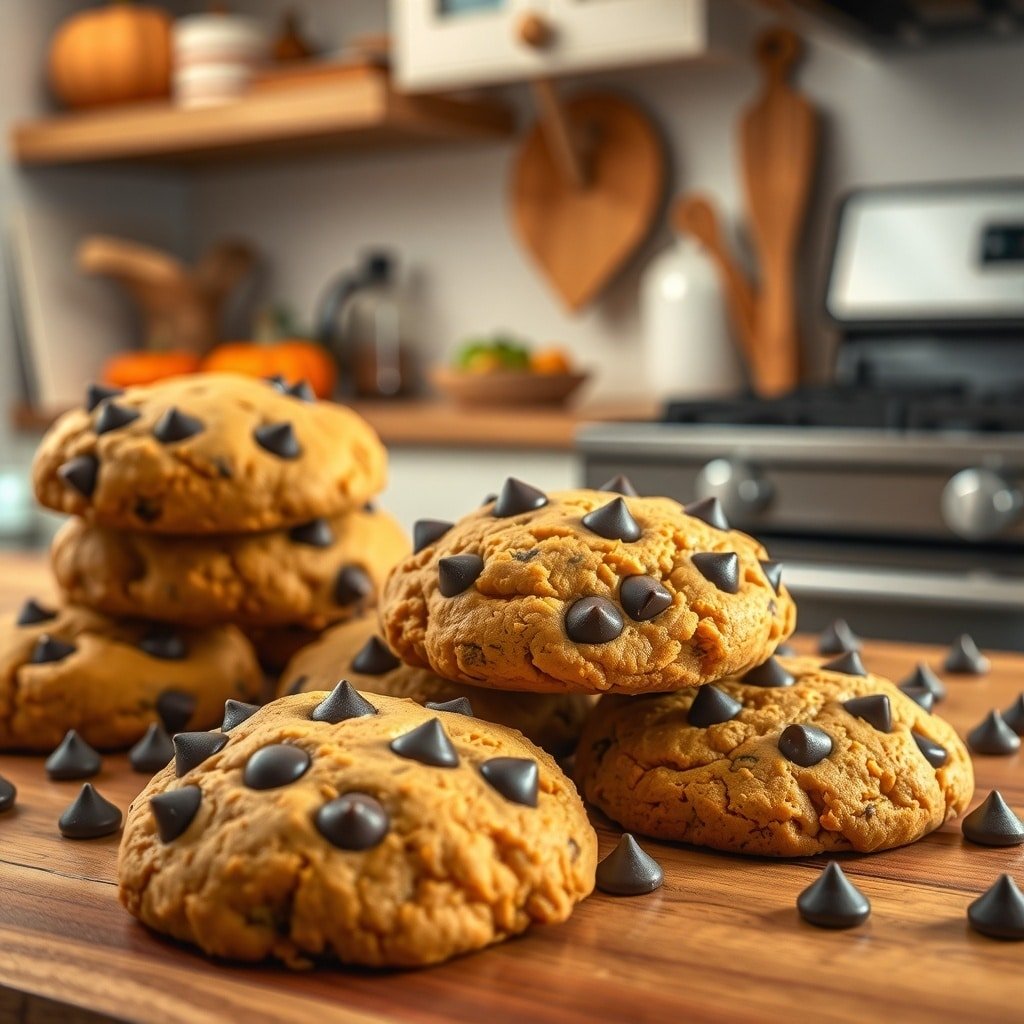 A stack of pumpkin chocolate chip cookies with chocolate chips scattered around, set in a cozy kitchen with pumpkins in the background.
