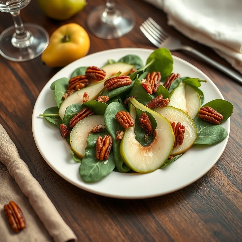 A plate of spinach and pear salad with pecans on a wooden table.