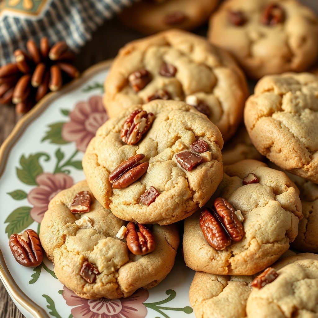 A plate of freshly baked toffee pecan cookies with a few pecans scattered around.