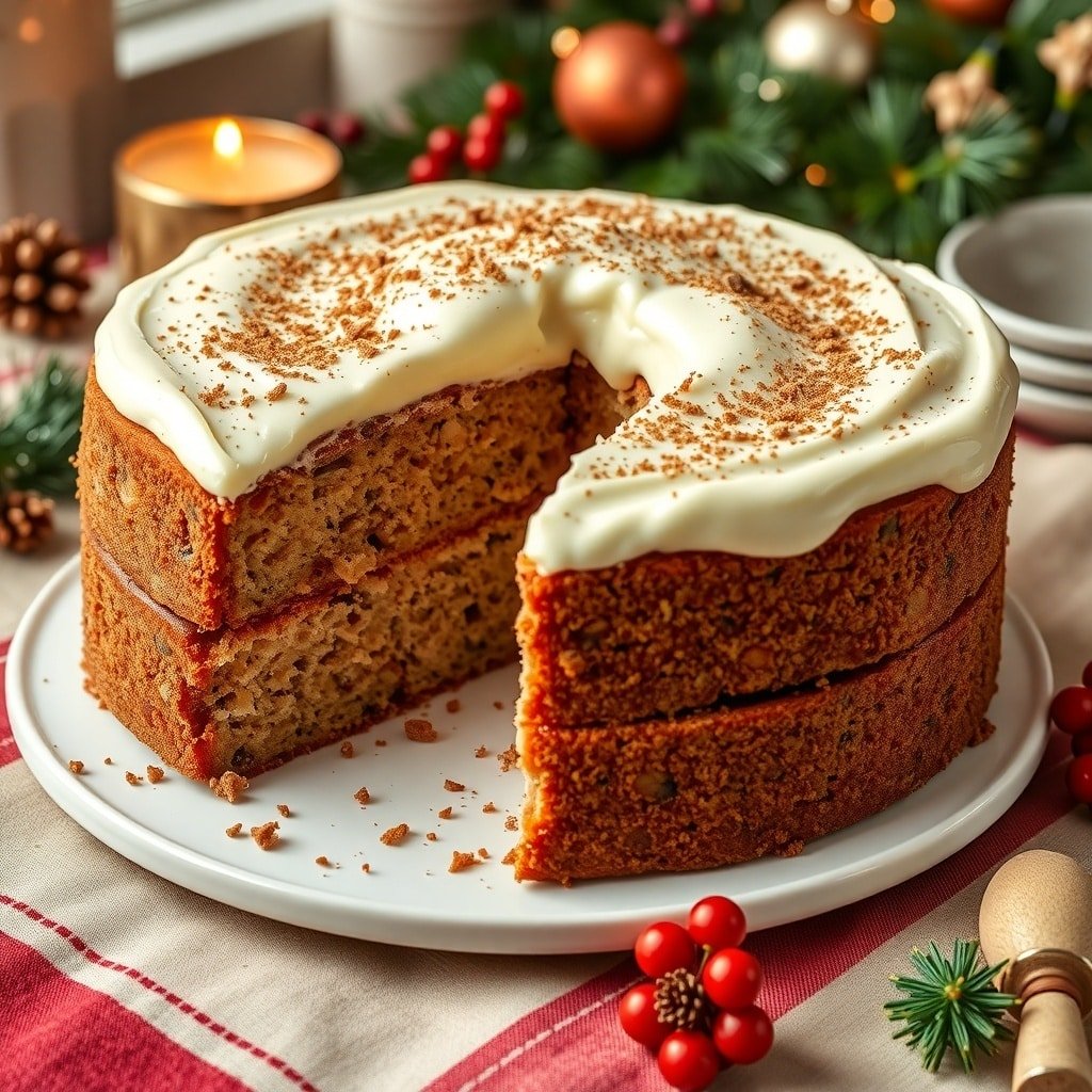 A beautifully layered nutmeg spice cake with cream cheese frosting, decorated for Christmas.