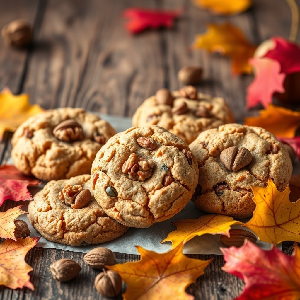 A plate of nutty harvest cookies surrounded by colorful autumn leaves and nuts.