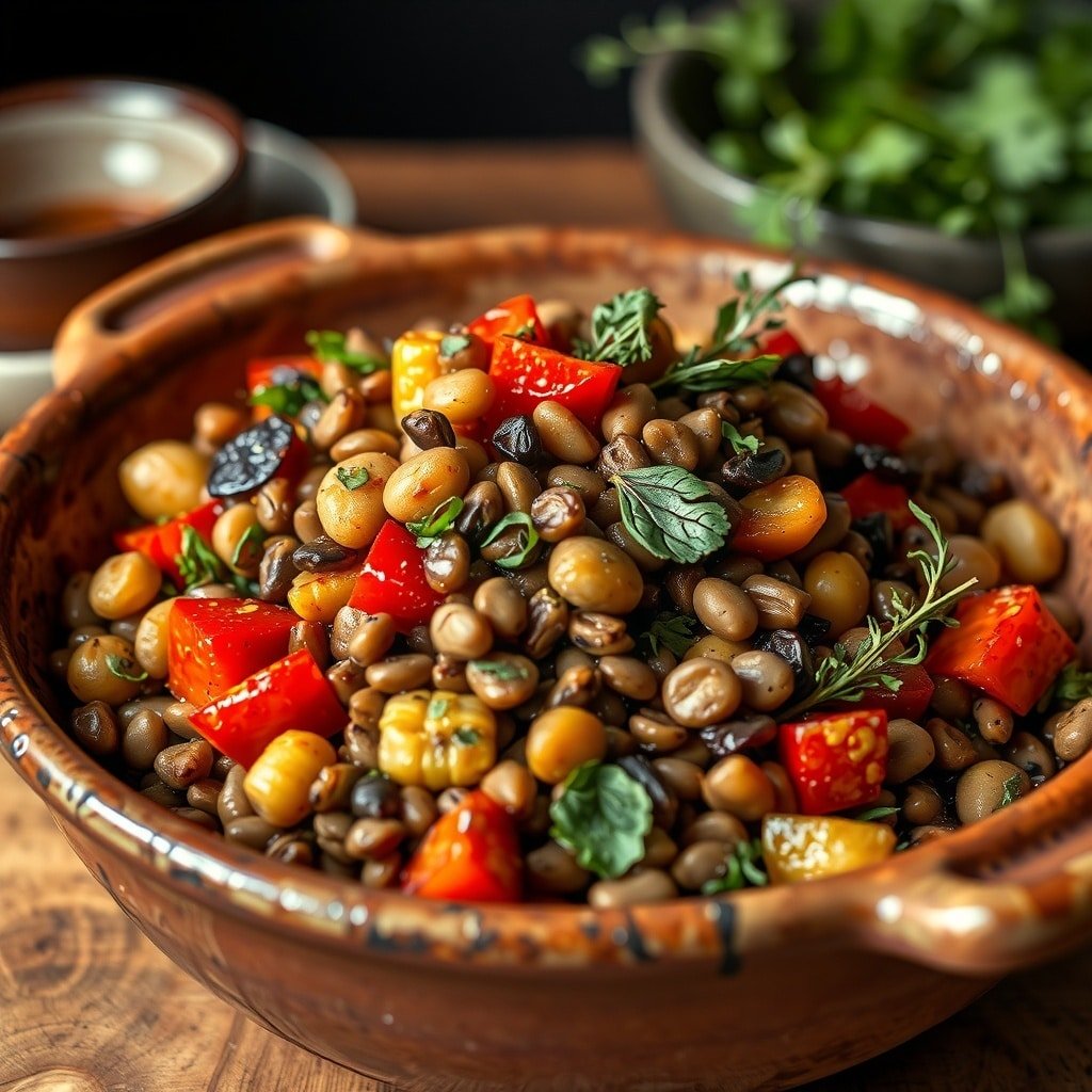 A warm lentil salad with roasted vegetables in a rustic bowl, featuring colorful diced peppers and herbs.