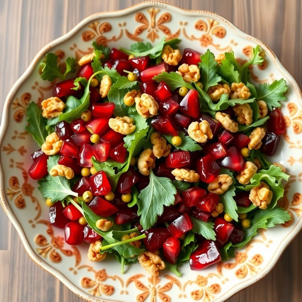 A colorful winter salad with pomegranate seeds, walnuts, and mixed greens.