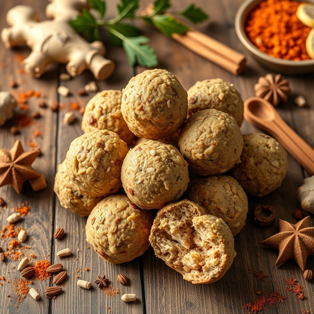 A stack of spicy ginger protein balls with spices and ginger root in the background.
