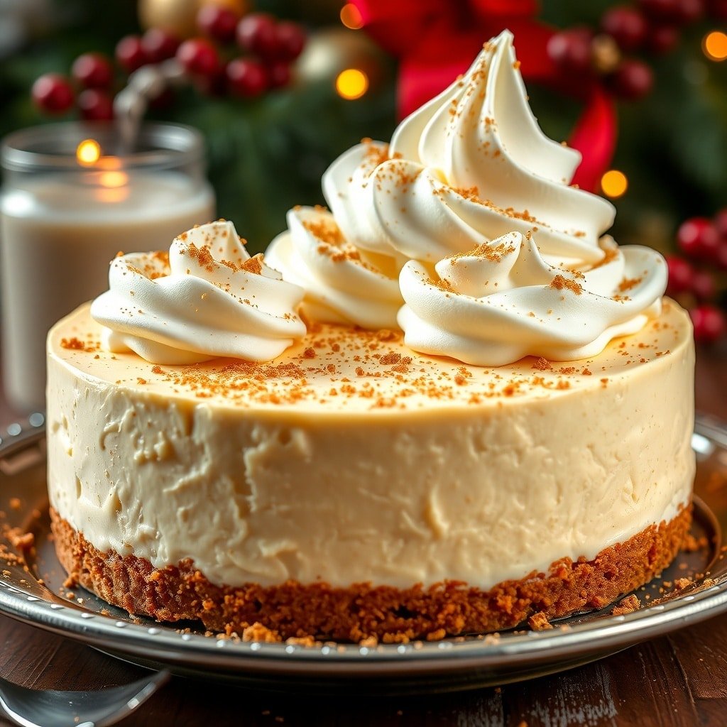 A festive eggnog cheesecake topped with whipped cream and nutmeg, set against a holiday backdrop.