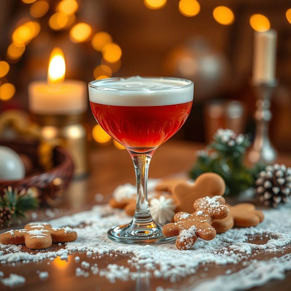 A Gingerbread White Russian cocktail in a stylish glass, surrounded by gingerbread cookies and festive decorations.