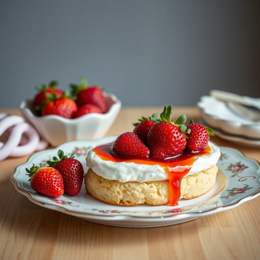 A delicious caramelized strawberry shortcake topped with fresh strawberries and whipped cream.