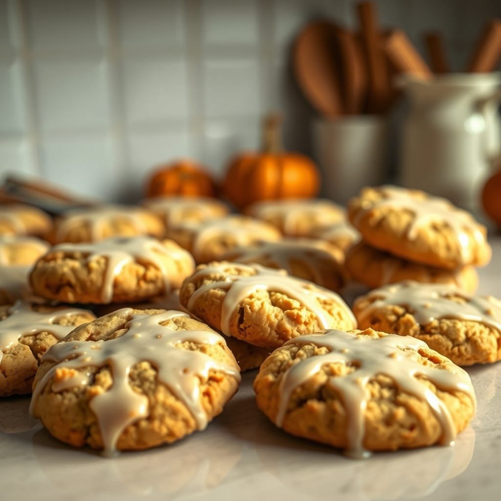 A close-up of spiced maple cookies topped with a sweet glaze, with pumpkins in the background, creating a cozy fall atmosphere.