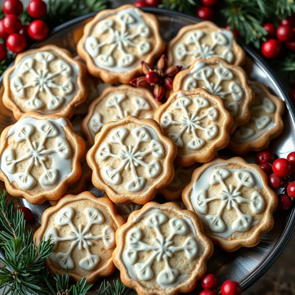 30 Delectable Christmas Cookie Recipes to Try This Holiday Season A plate of beautifully decorated chai-spiced cookies with icing, resembling snowflakes, surrounded by festive decorations.