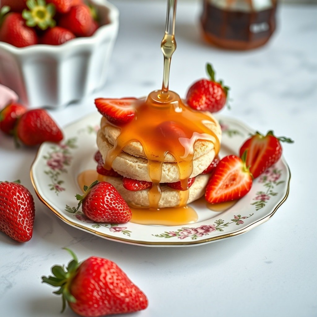 A plate of strawberry shortcake with honey drizzle, surrounded by fresh strawberries.