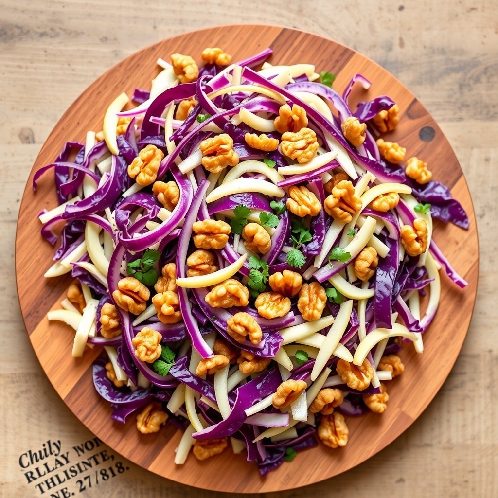 A colorful winter salad featuring shredded purple cabbage, sliced apples, walnuts, and fresh parsley on a wooden platter.