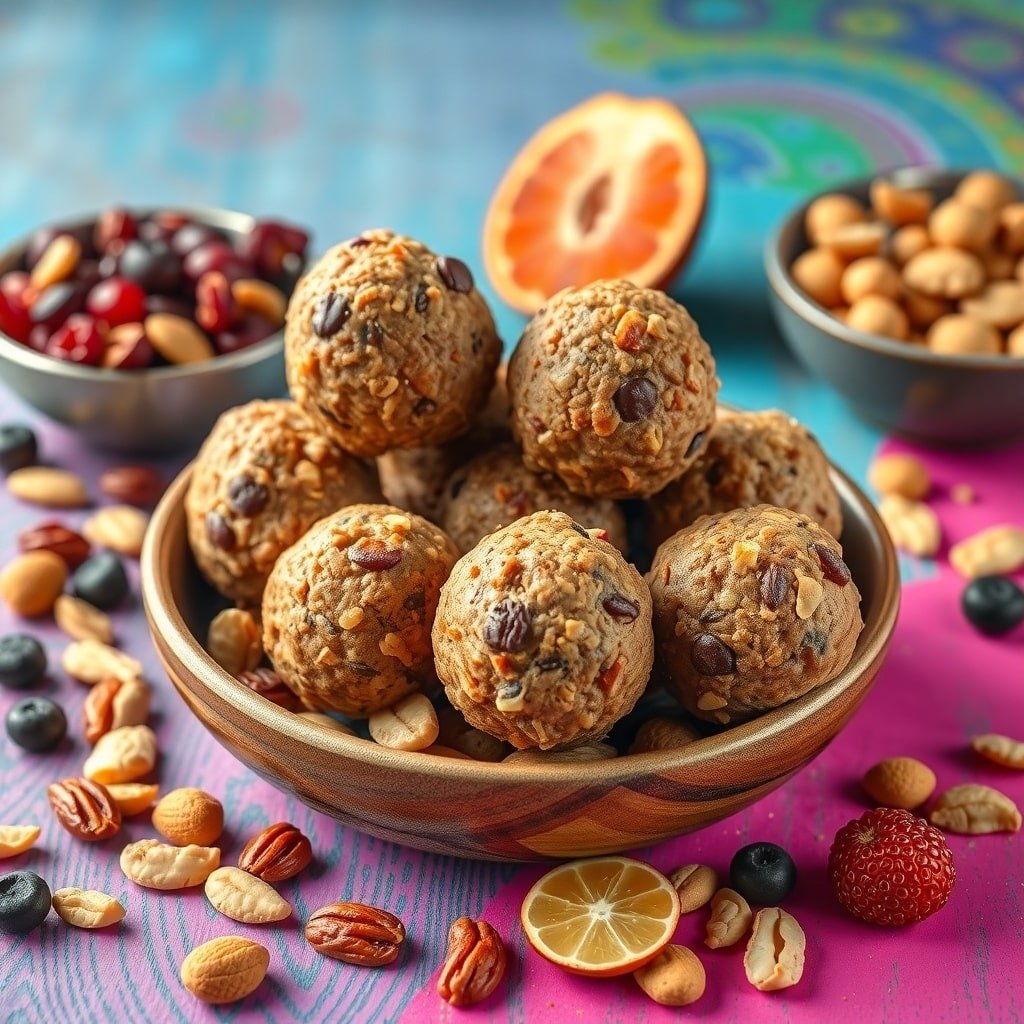 A bowl of energy-boosting protein balls surrounded by nuts and berries.