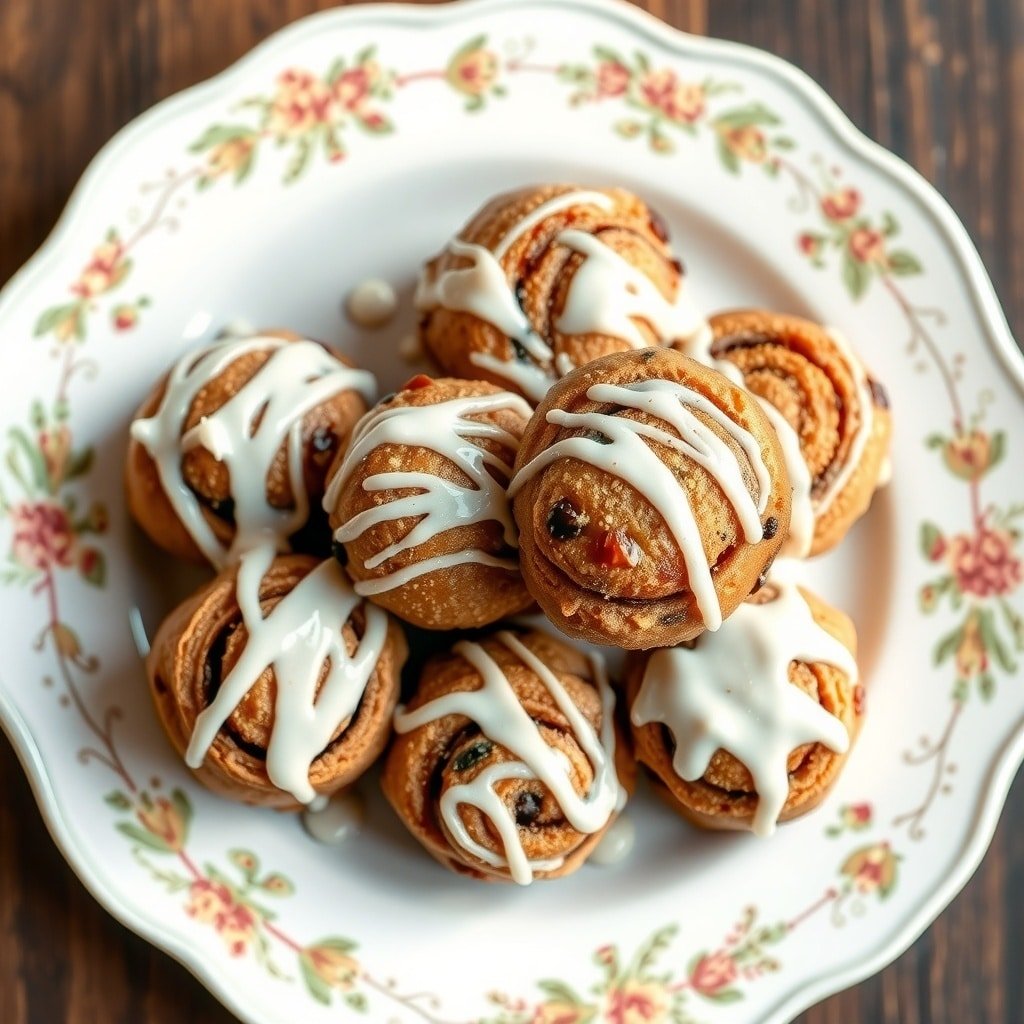 A plate of cinnamon roll protein balls drizzled with icing.