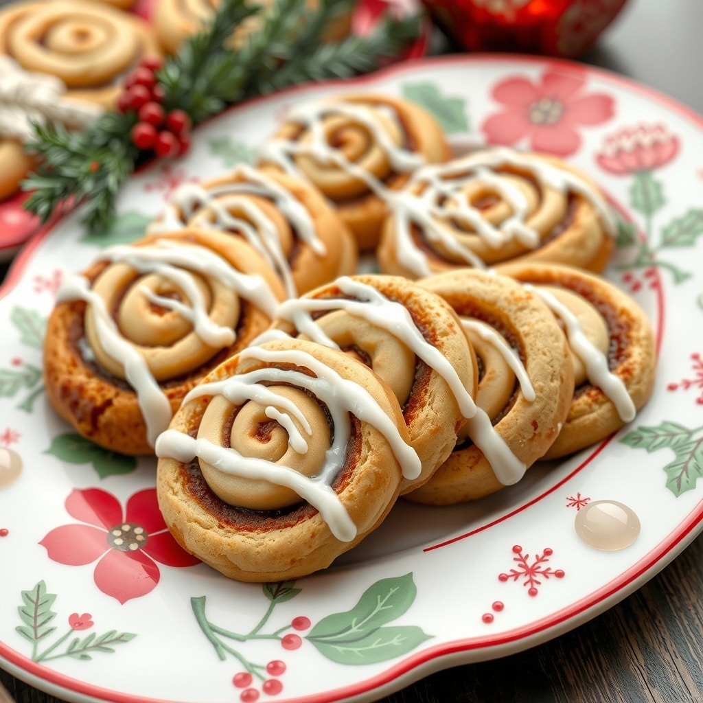 30 Delectable Christmas Cookie Recipes to Try This Holiday Season A plate of cinnamon roll cookies drizzled with icing, decorated with festive holiday elements.