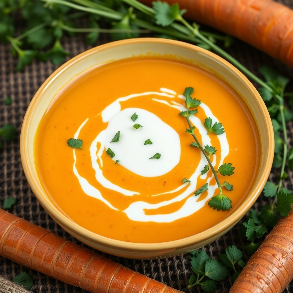 A bowl of carrot ginger soup with a swirl of cream and fresh herbs on top, surrounded by fresh carrots.