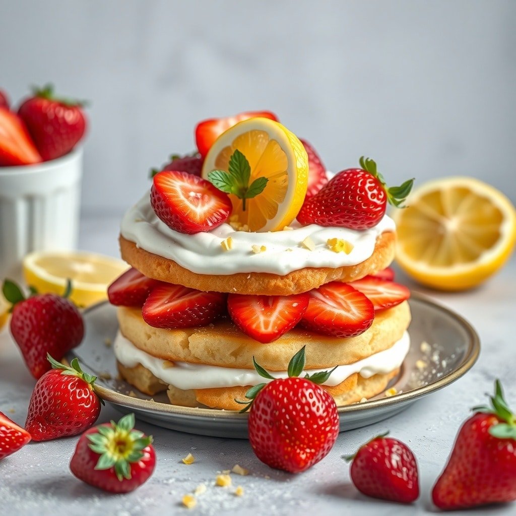 A delicious strawberry shortcake topped with fresh strawberries and lemon slices.