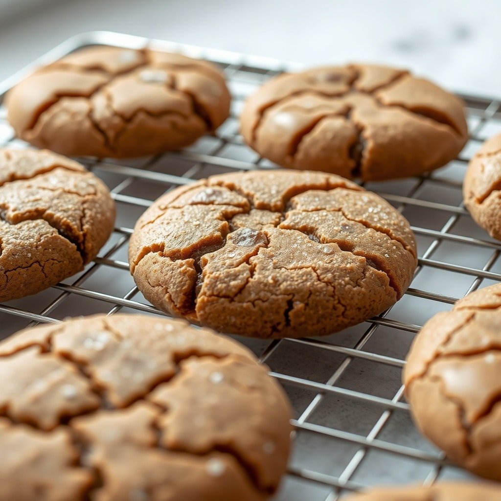 Freshly baked ginger molasses cookies cooling on a wire rack.