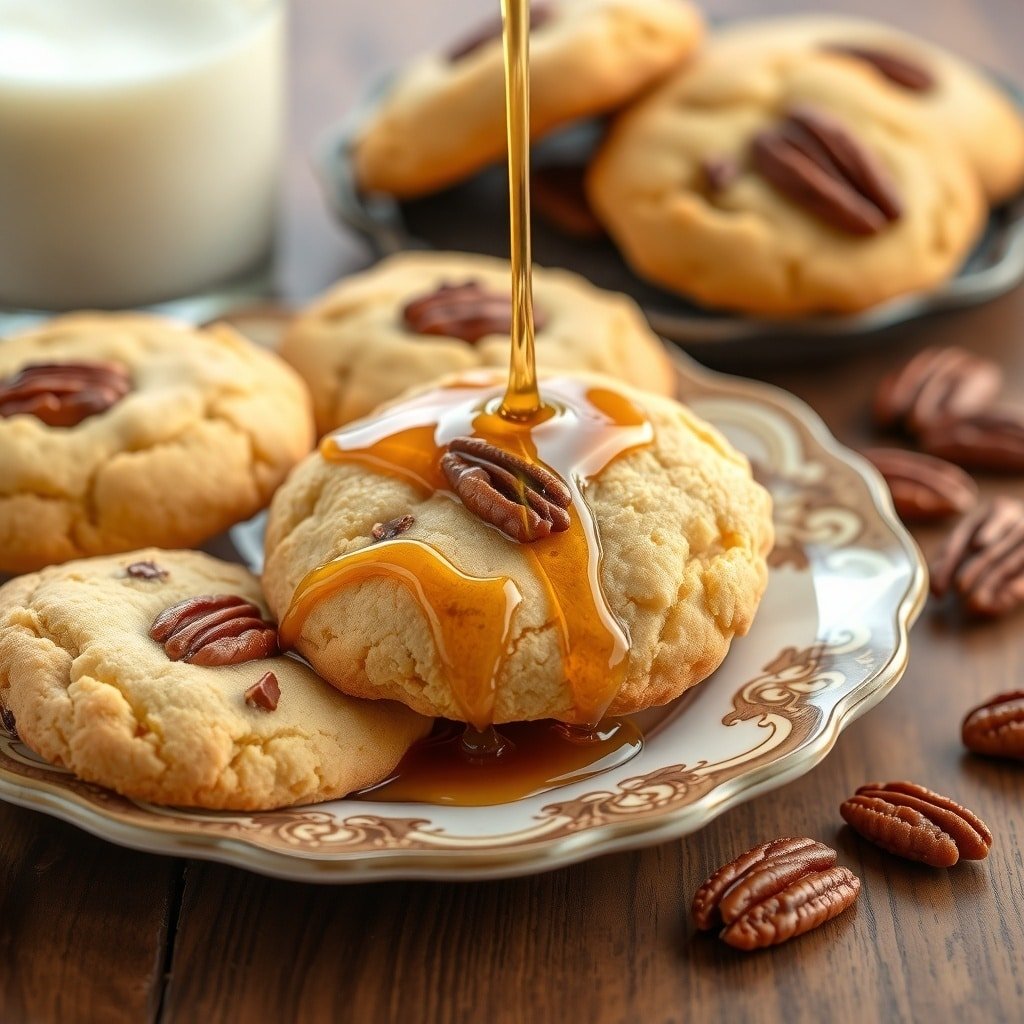Maple pecan cookies with syrup drizzle and pecans on a decorative plate
