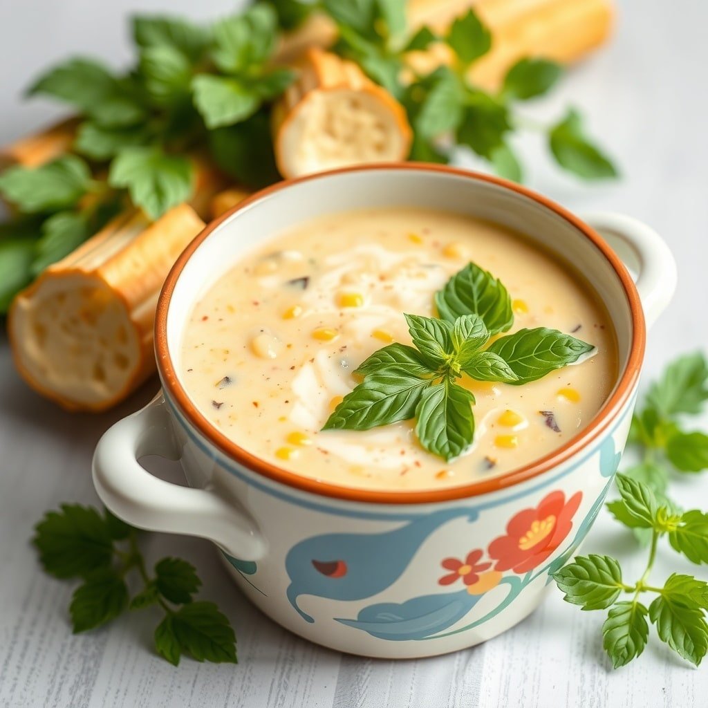 A bowl of creamy zucchini and corn chowder garnished with fresh basil, surrounded by zucchini and herbs.