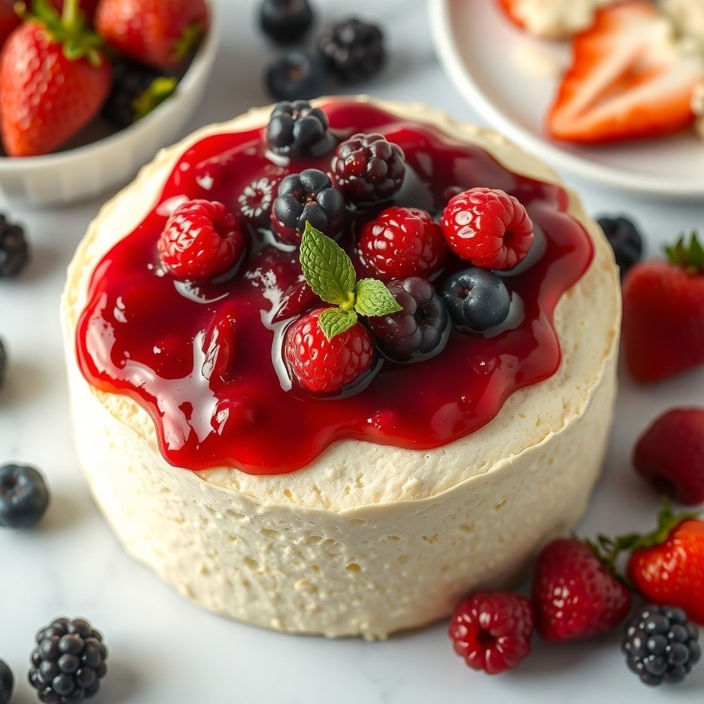 A vanilla bean cake topped with berry compote and fresh berries, showcasing a festive dessert.