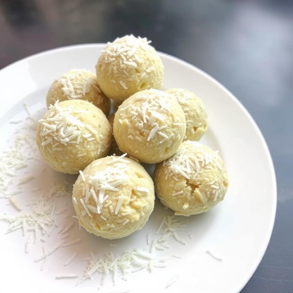A plate of coconut macaroon protein balls topped with shredded coconut.