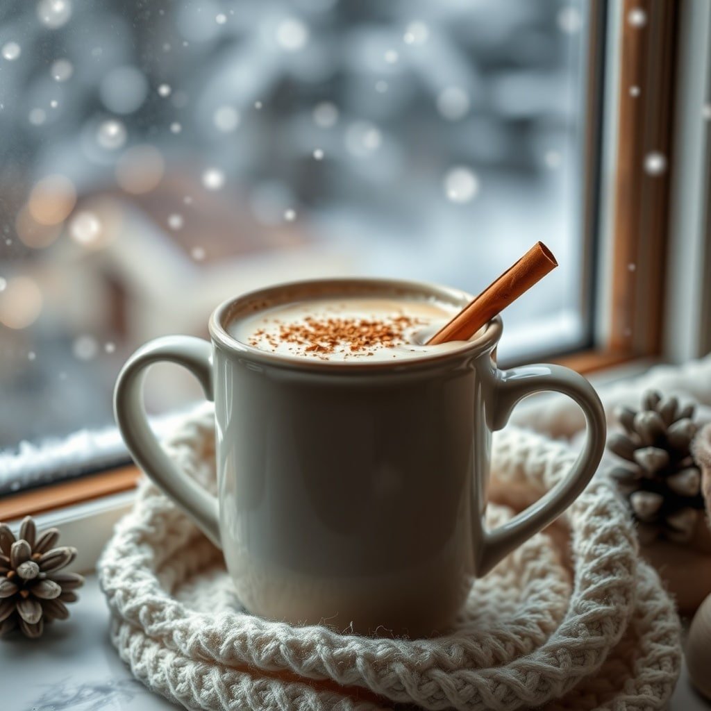 A cozy Chai Spiced Rum Latte in a white mug with a cinnamon stick, set against a snowy window.