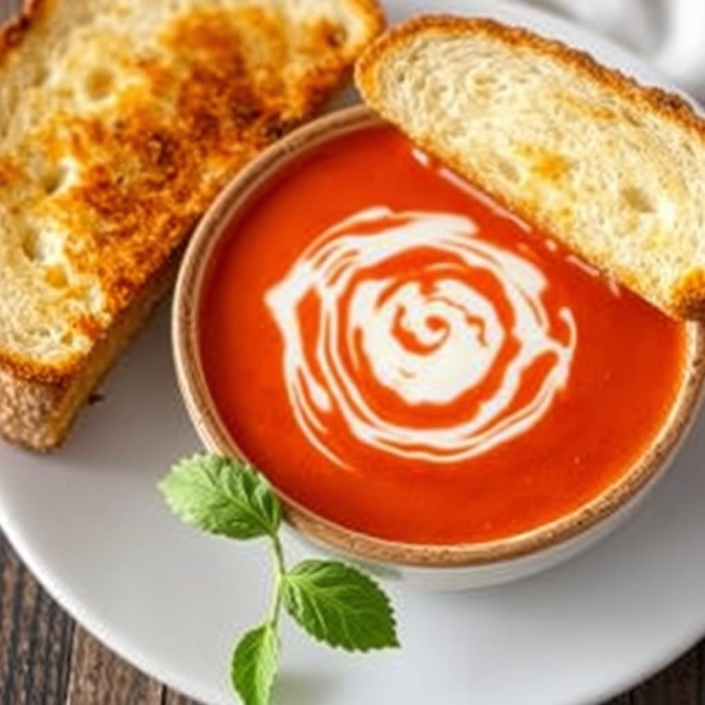 A bowl of roasted red pepper and tomato soup with cream swirl and toasted bread on the side.