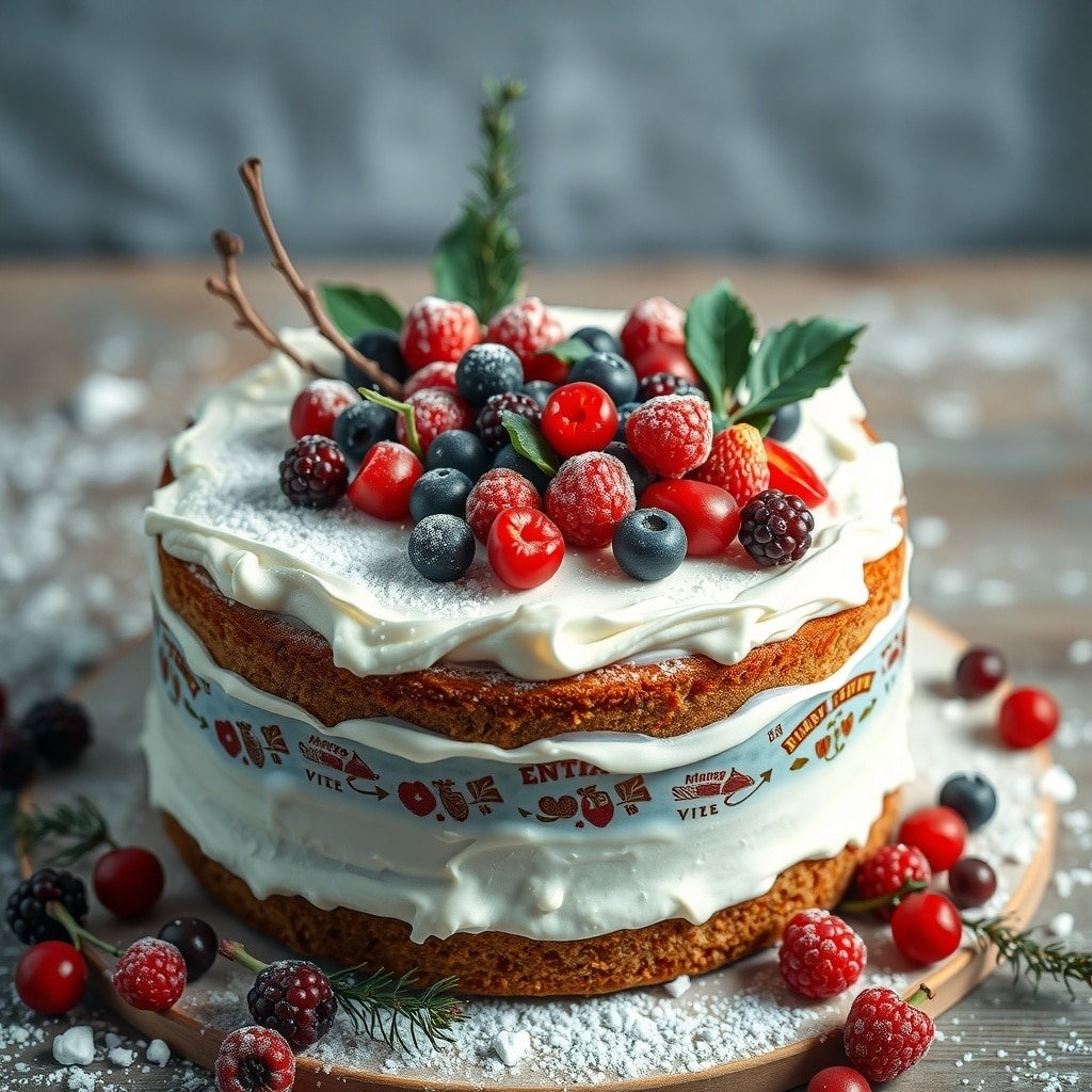 A beautifully decorated winter berry cake topped with fresh berries and cream.
