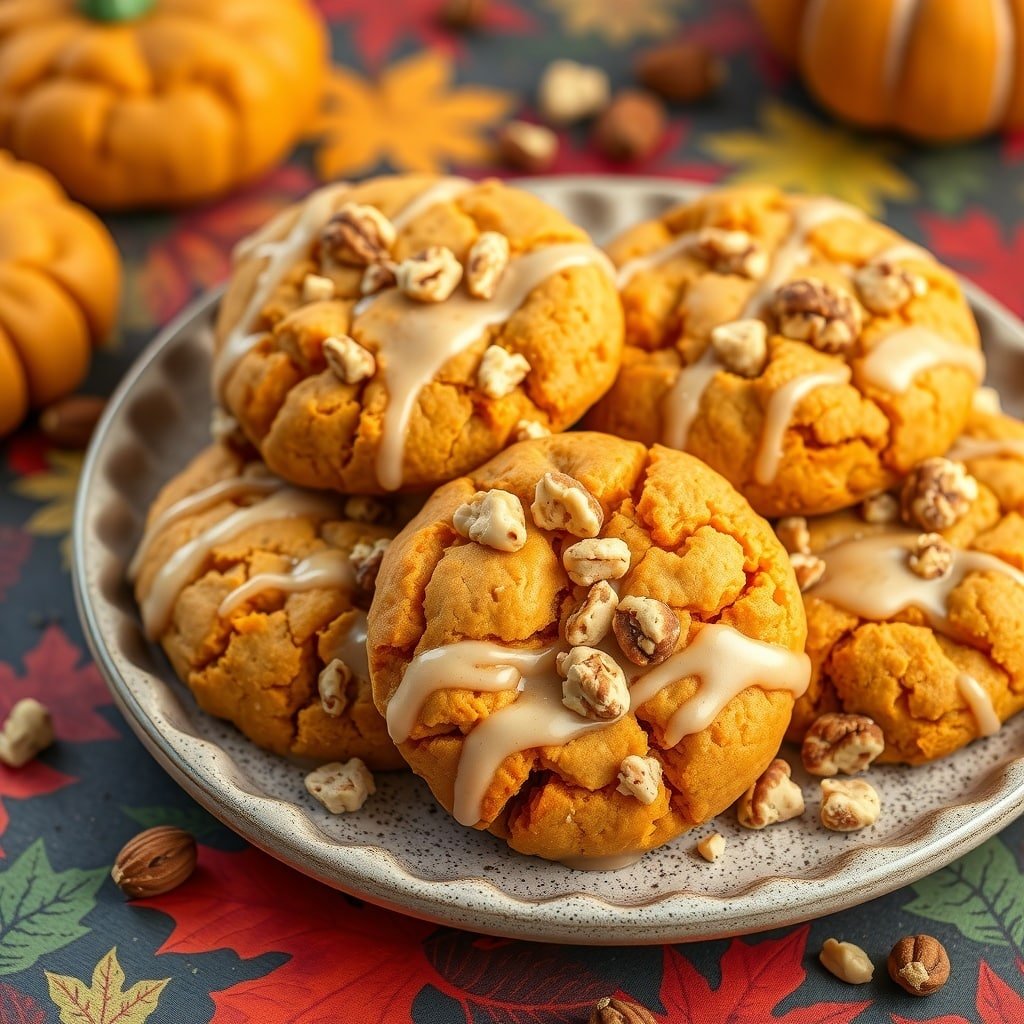 Plate of sweet potato cookies with a drizzle of glaze and topped with nuts, surrounded by autumn leaves and pumpkins.