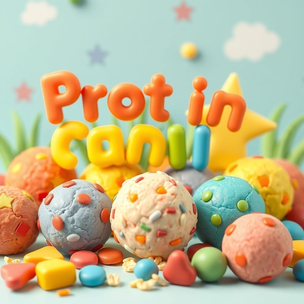 Colorful protein balls with playful toppings and letters spelling 'Protein' in a fun setting.