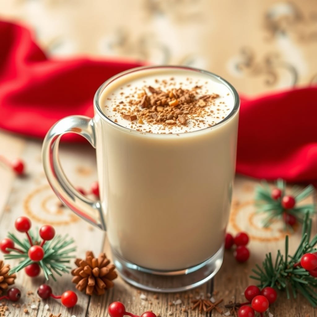 A glass of Nutmeg and Vanilla Bean Eggnog topped with nutmeg, surrounded by festive winter decorations.