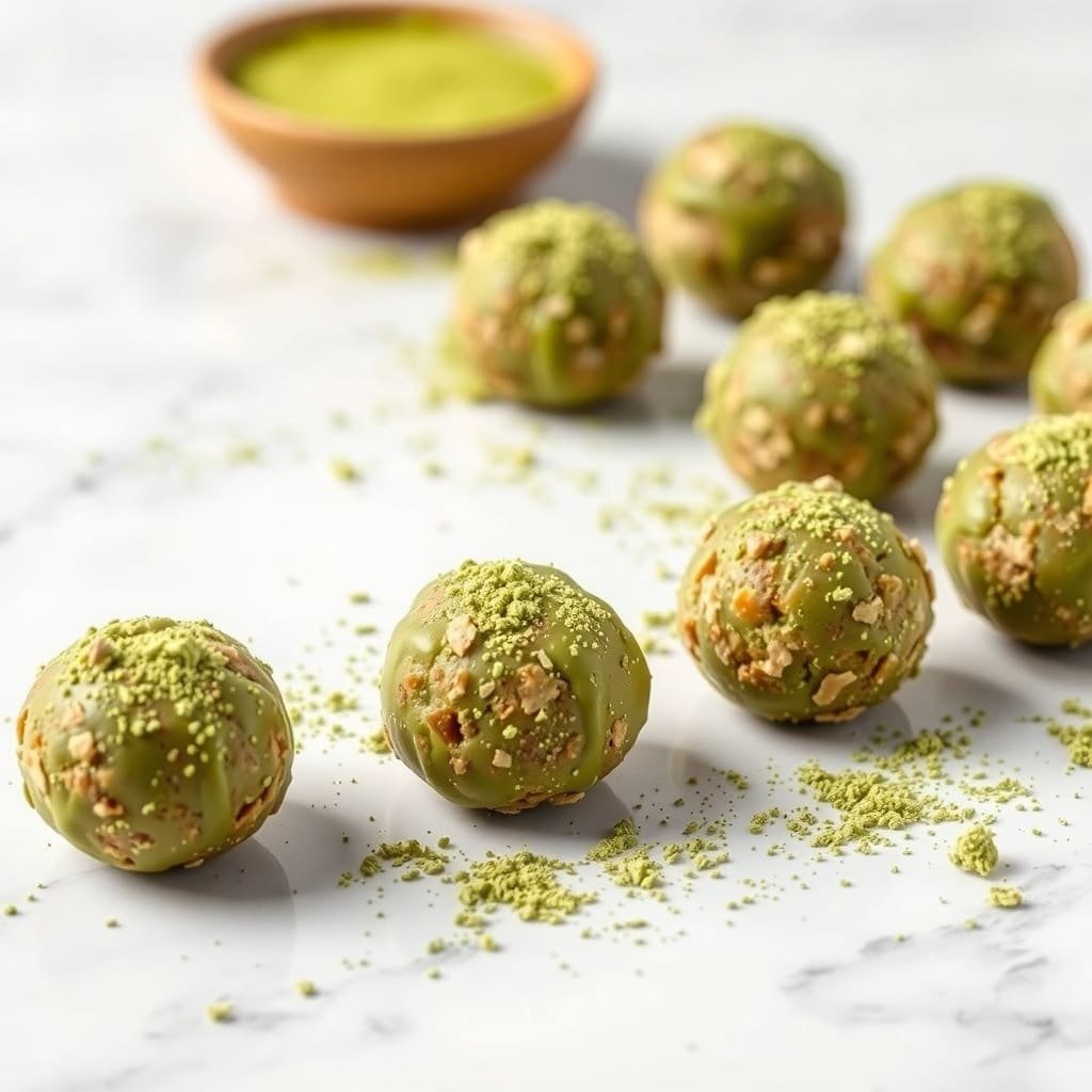 Matcha green tea protein balls with a bowl of matcha powder in the background