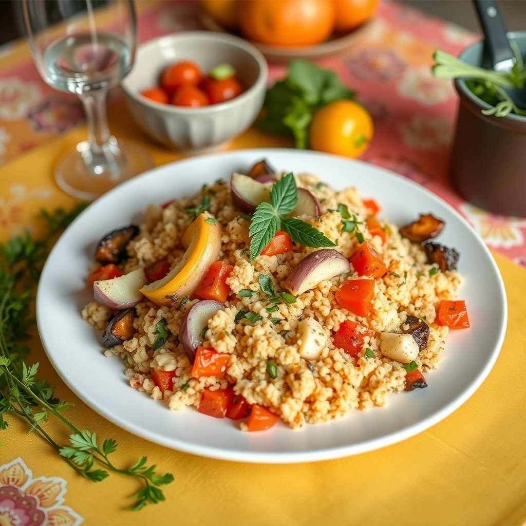 A colorful roasted vegetable and couscous salad served on a white plate, garnished with fresh herbs.