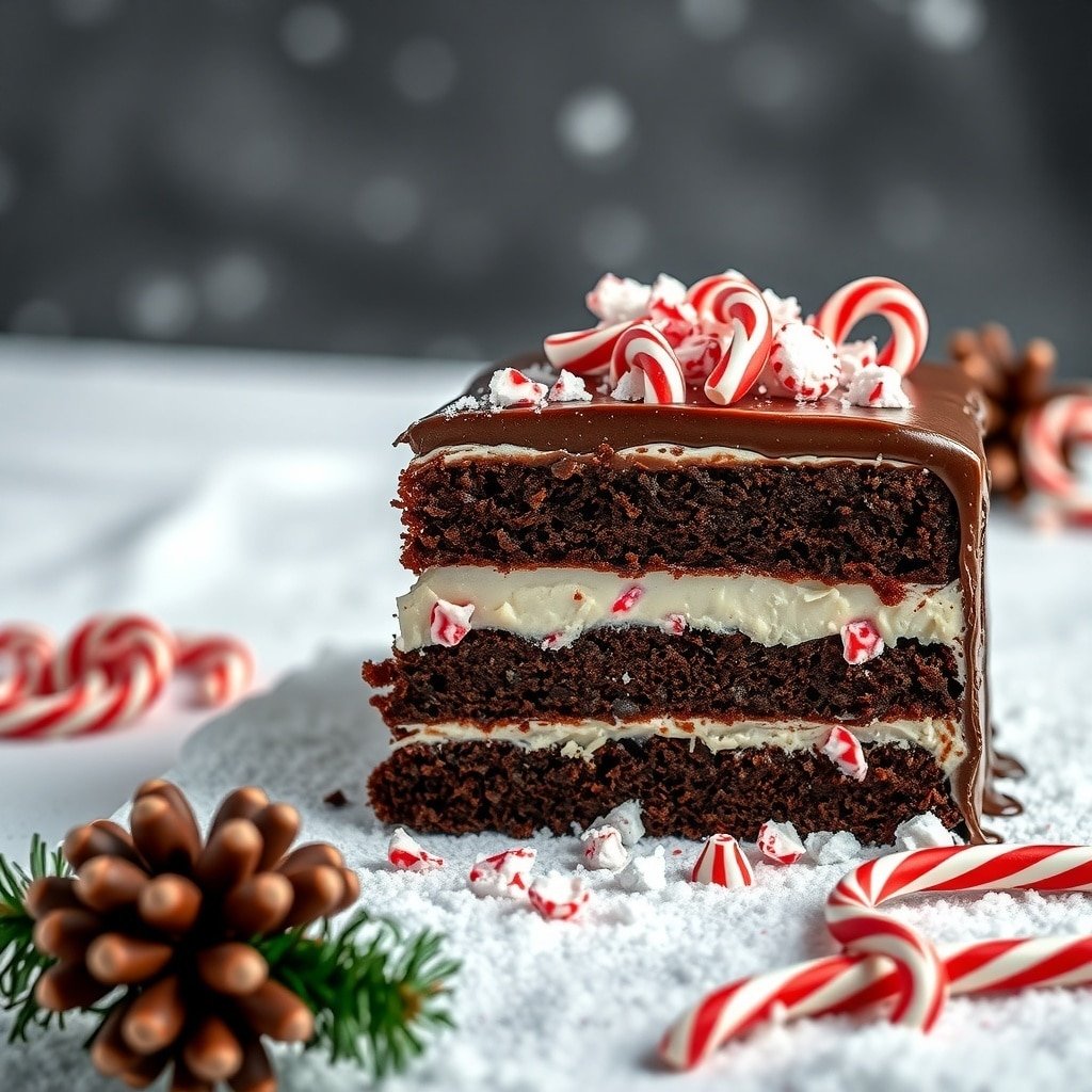 A delicious Chocolate Peppermint Layer Cake decorated with candy canes and chocolate ganache.