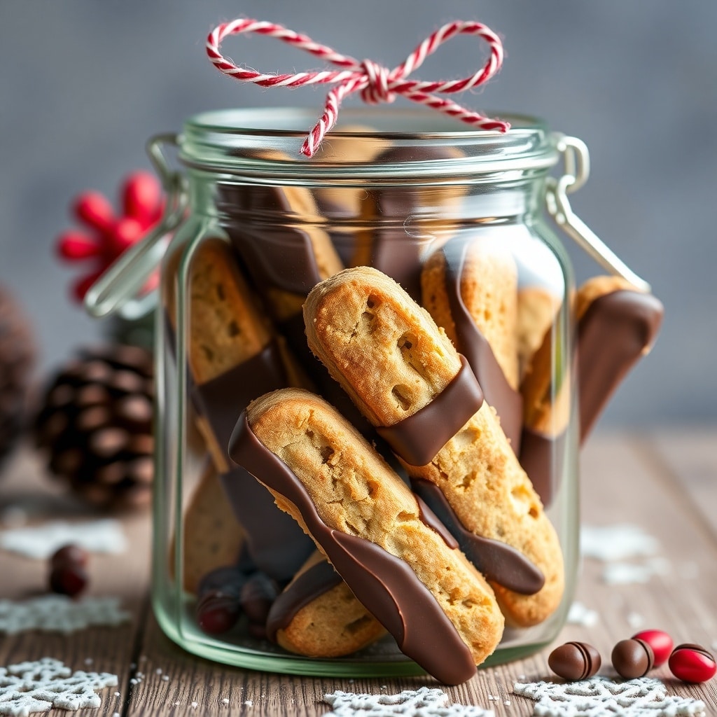 30 Delectable Christmas Cookie Recipes to Try This Holiday Season A jar filled with chocolate-dipped biscotti, decorated with a red and white twine bow.